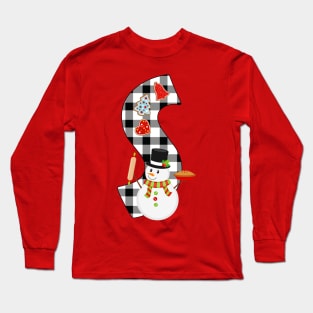 BW Buffalo Checks Pattern Monogram S | Snowman Long Sleeve T-Shirt